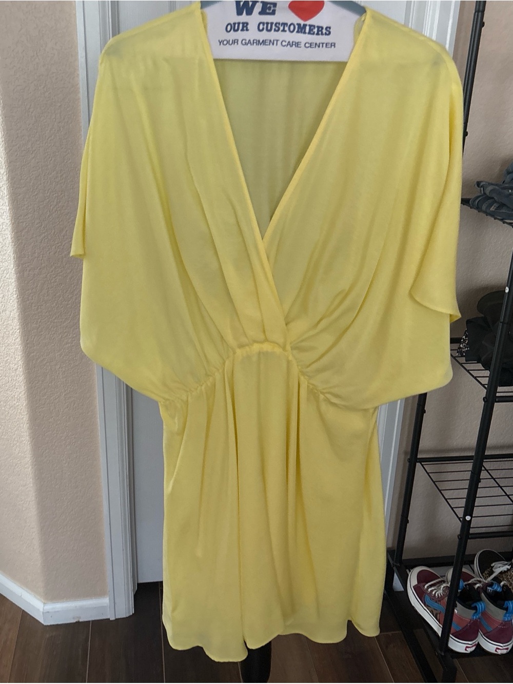 Zara Yellow V-Neck Gathered Waist Midi Dress